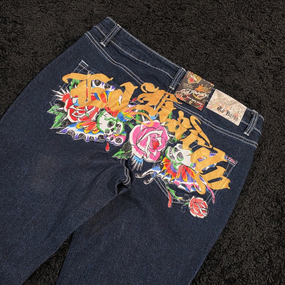 Ed Hardy Y2K Style Deadstock Low Rise Bootcut Grunge Flare Dark Denim Jeans L